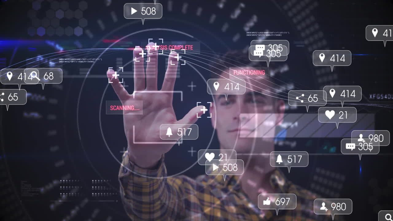 Interacting with futuristic digital interface, man viewing social media notifications