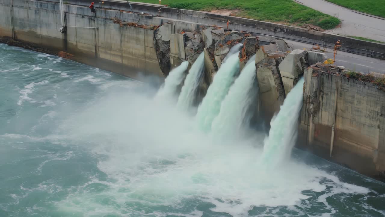 Dam with Water Flowing Through Spillway