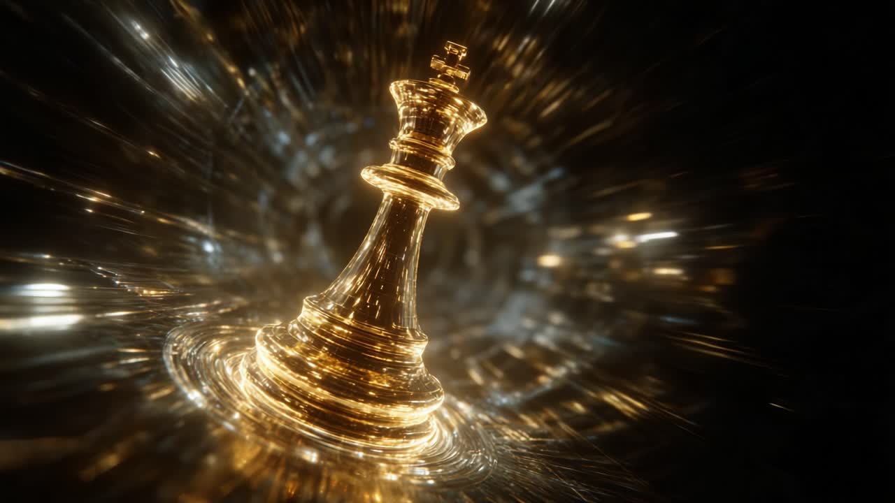 Gleaming golden chess king piece representing strategy and power moving through a vortex of abstract light streaks and particles, symbolizing a brilliant move or a checkmate in a high stakes game