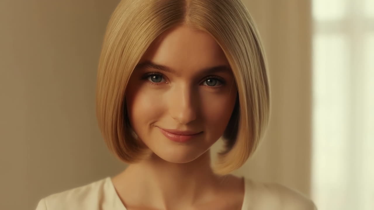 Ritratto ravvicinato di una giovane donna bionda che sorride dolcemente.