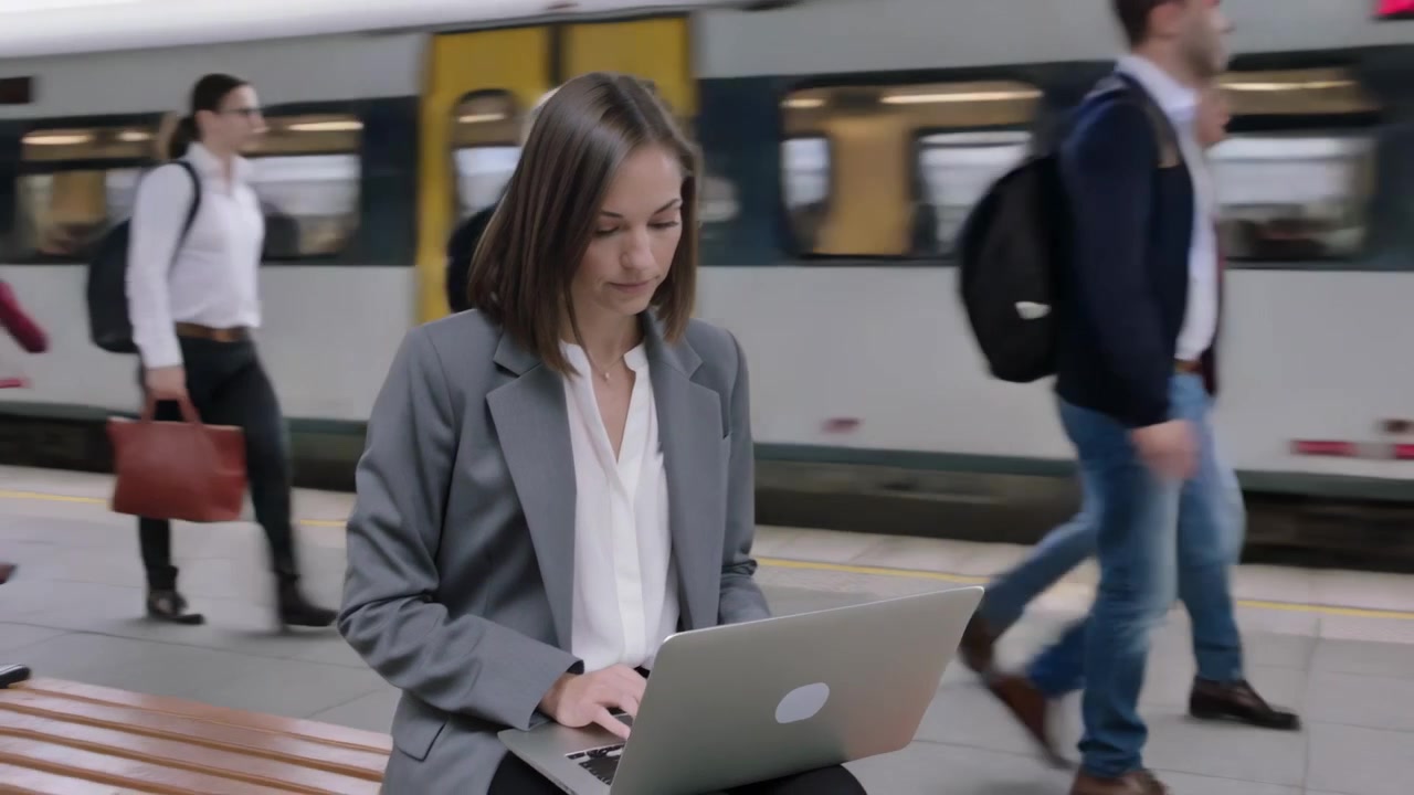 Donna in blazer grigio che digita, continua a lavorare su un laptop argentato sulla banchina del treno, mentre un treno passa.
