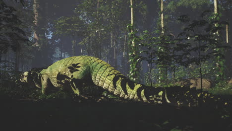 crocodile resting quietly among lush vegetation in a serene forest setting