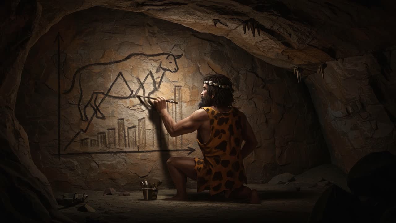 A Prehistoric Artist Depicts Economic Growth: An Ancient Scene of Caveman Engraving a Bull and Graph in a Cave, Illustrating Early Concepts of Trade and Progress