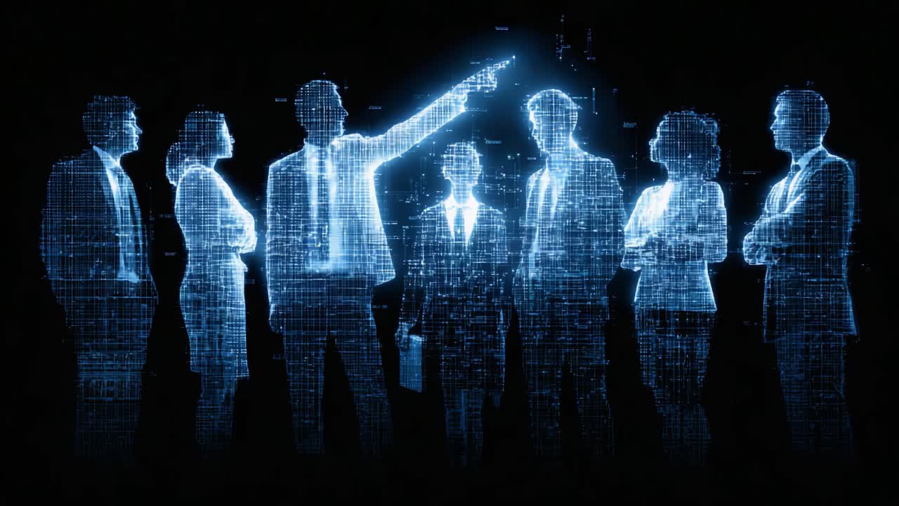 A Group of Business Professionals Engaging in a Strategic Discussion, Highlighting Data Insights with a Futuristic Holographic Presentation