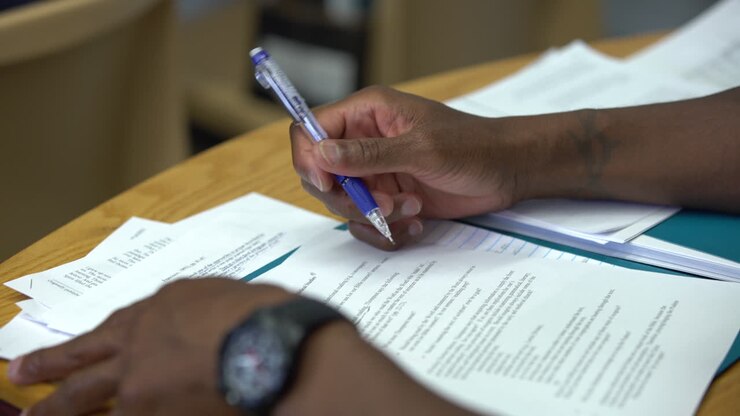 Black prisoner writing in a classroom behind bars while incarcerated in jail
