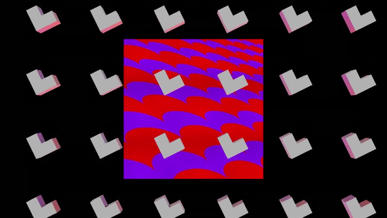 검은 바탕의 3d 모양 위에 보라색 파동으로 빨간 사각형의 애니메이션