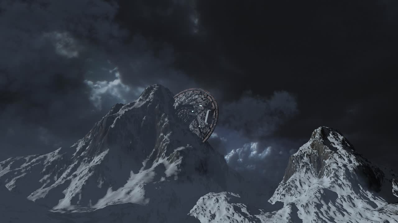 Mysterious Disc on Snow-Capped Mountain Peaks at Night
