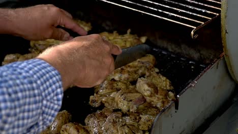 cooking chicken on a bbq, cutting chicken pieces into smaller portions