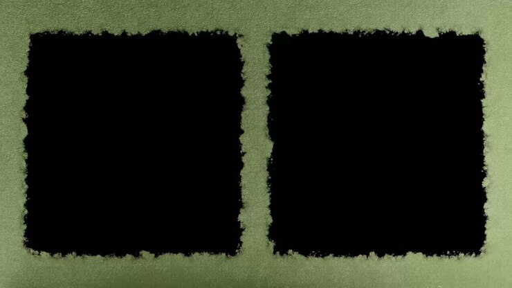 Two vertical black pillarboxes for video or image in video with natural green earth tone textured paper background, ready for luma key