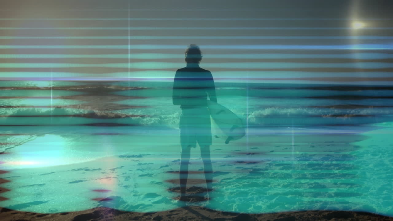 Senior man holding surfboard, standing on sand by ocean, with glitch streaks showcasing technology