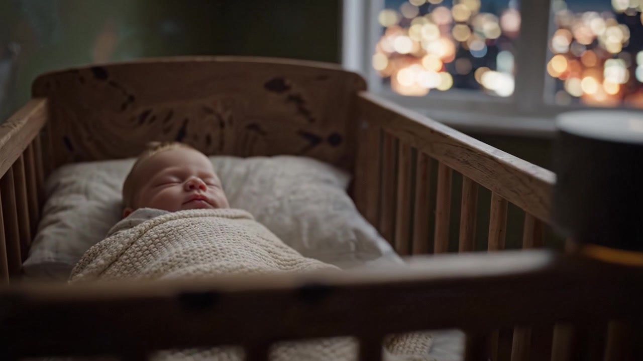 Bambino sereno che dorme nella culla accanto a dispositivi intelligenti, illuminato da una soffusa luce notturna con vista sulla città dalla finestra in un accogliente ambiente da camera da letto.