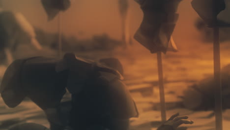 destroyed andorids on a junkyard in yellow light