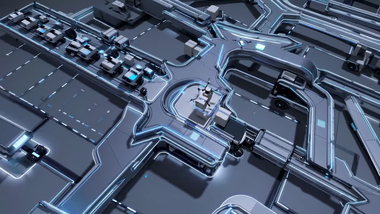 Futuristic cityscape with neon lights, featuring sleek architecture and glowing pathways