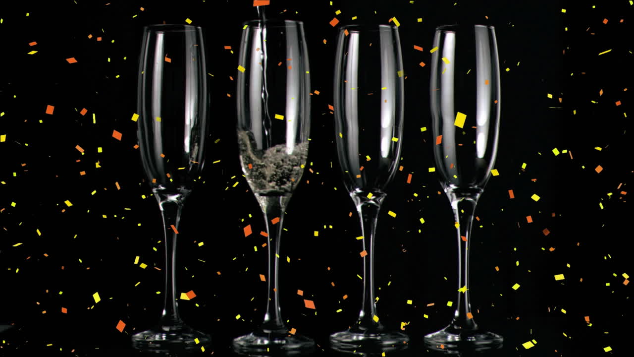animación de copas de champán y champán vertiendo, con confeti cayendo sobre un fondo negro