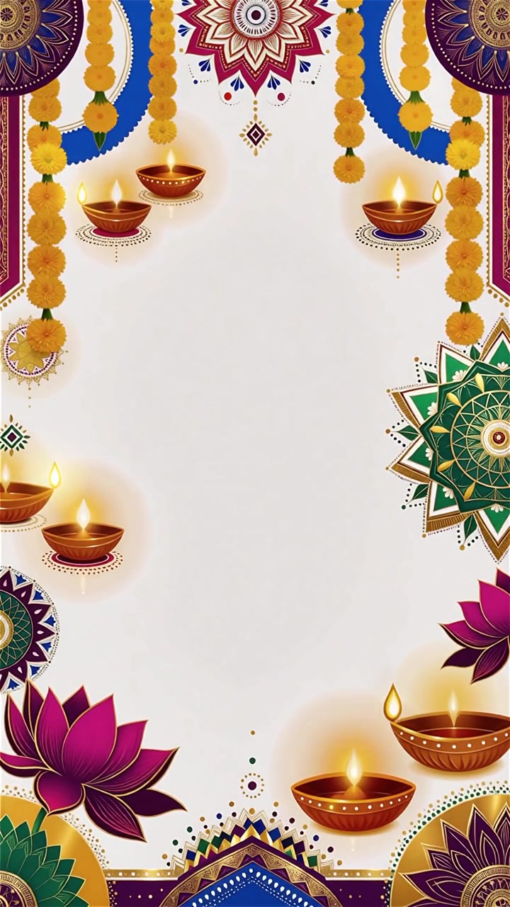 Sfondo Diwali con Diyas luminosi, Rangoli e fiori di loto
