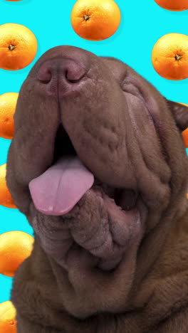 shar pei perro con frutas en vertical