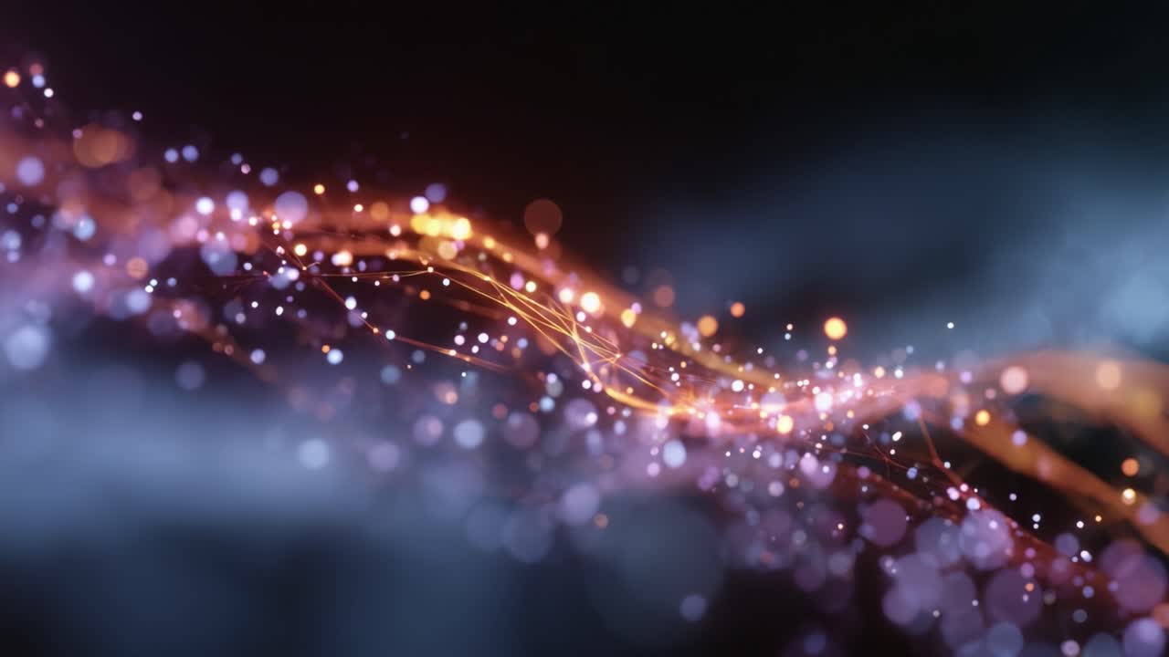 Un'ipnotica ondata di particelle scintillanti e colori vivaci che fluiscono in uno spazio scuro, creando un'esperienza visiva accattivante di luce ed energia