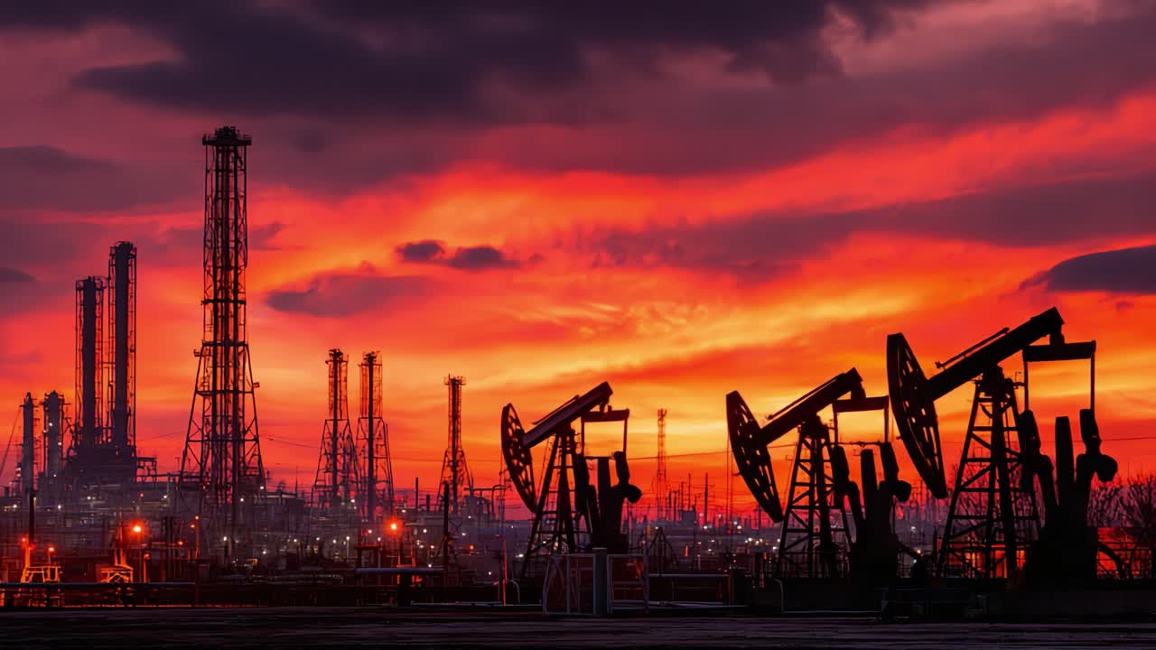 An Enchanting Sunset Painting the Silhouetted Oil Rigs and Refineries Against a Vibrant Sky with Hues of Orange, Purple, and Pink, Capturing Industrial Beauty and Nature's Splendor