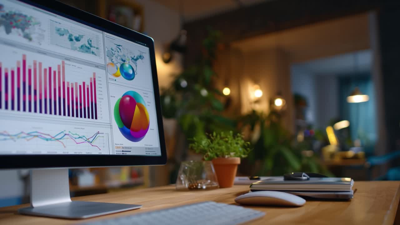 Visuell analyse som viser fargerike datasett og grafer på en dataskjerm i et koselig arbeidsmiljø med livlig grønt og stemningsfull belysning.