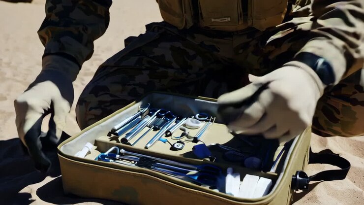 Military Personnel with Medical Supplies in Desert