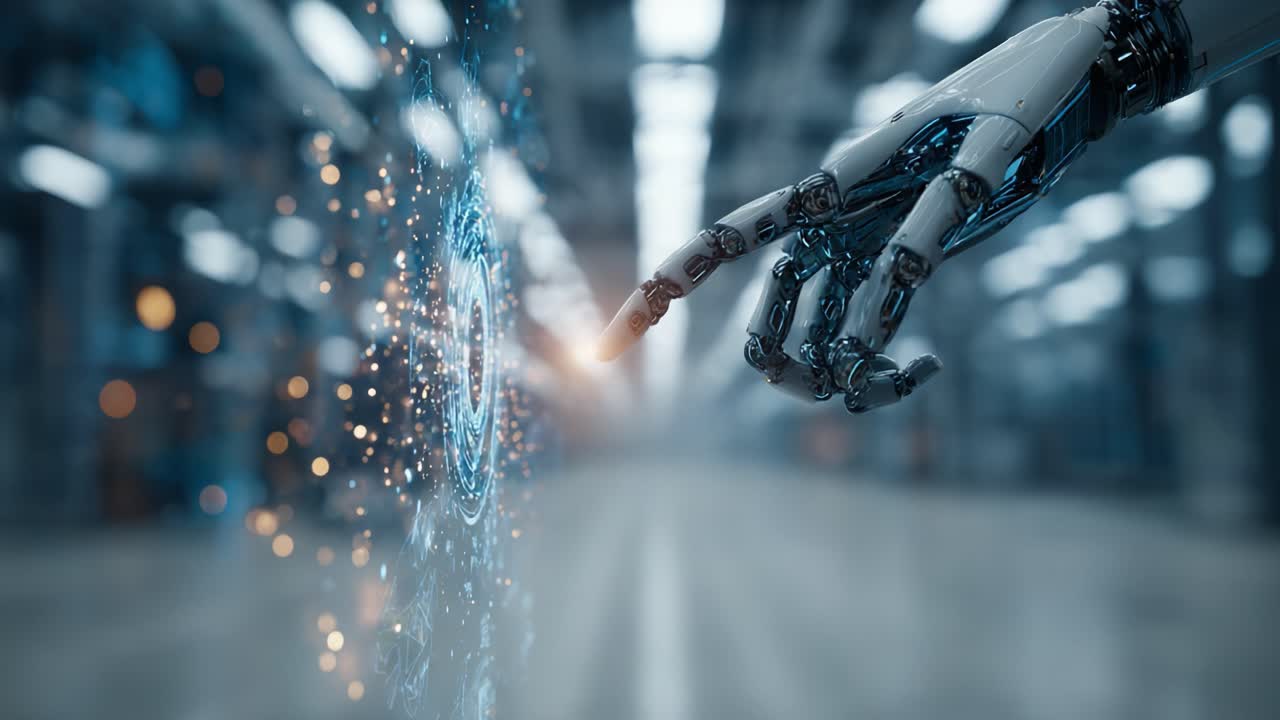 A Robotic Hand Engaging with a Digital Interface, Showcasing an Interaction Between Technology and Artificial Intelligence in a Futuristic Setting