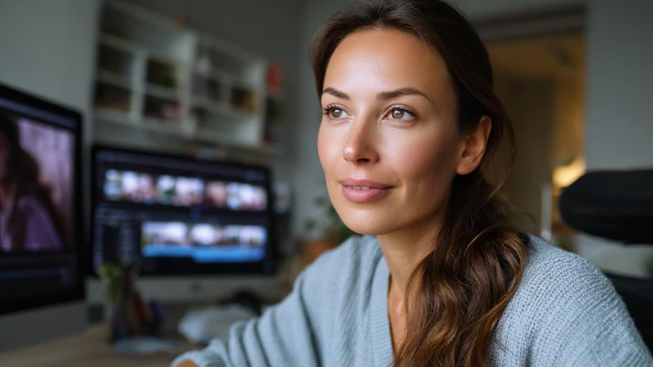 A thoughtful woman reflecting on her work in a cozy home office filled with computer screens and editing software, showcasing a creative and focused atmosphere
