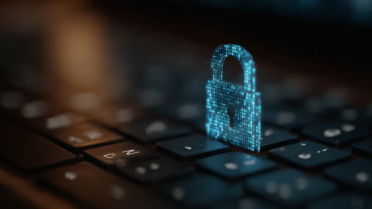 Un'Icona Luminosa a Lucchetto Digitale Sovrapposta su una Tastiera di Computer, Simboleggiante la Cybersecurity e la Protezione dei Dati nell'Era Digitale Moderna