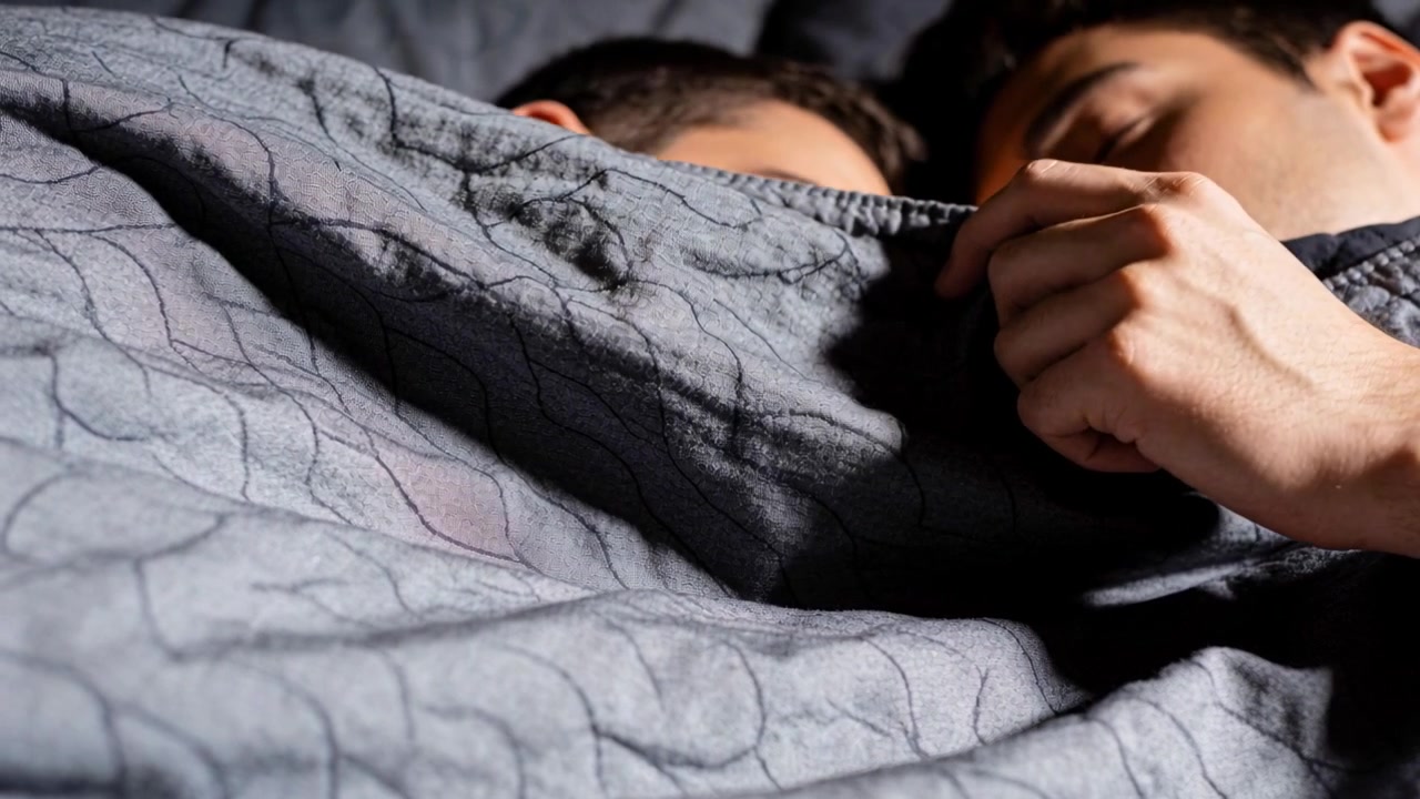 Raggiungendo il partner, tirando delicatamente la trapunta sul letto con la mano destra, rivelando lo spazio tra i volti.