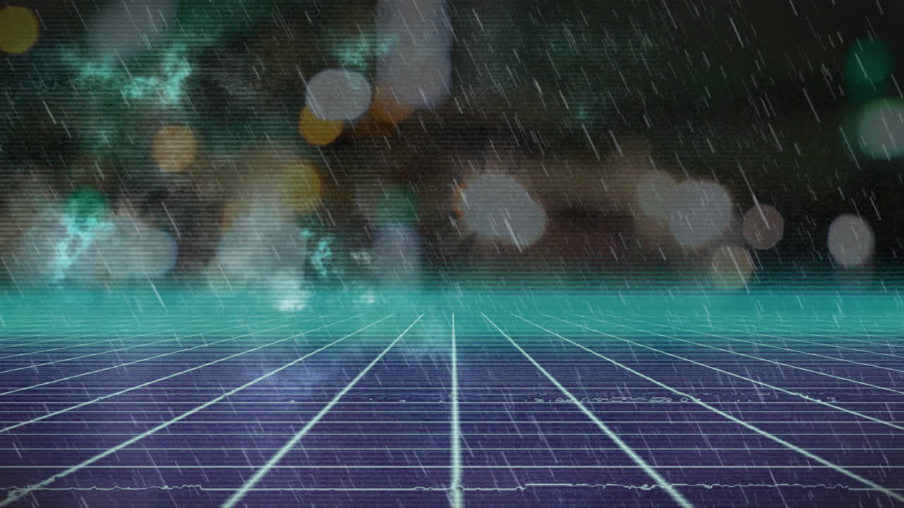 Neon grid plane unfolding into retro-futuristic void showing VHS glitch and drifting rain streaks