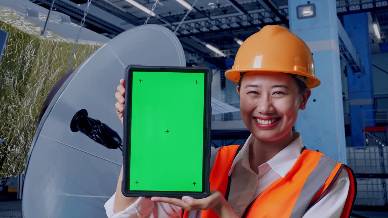 산업 시설에서 녹색 화면을 가진 태블릿을 들고 있는 엔지니어