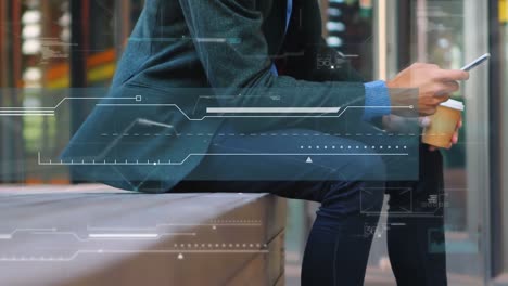 animation of data processing over businessman using smartphone