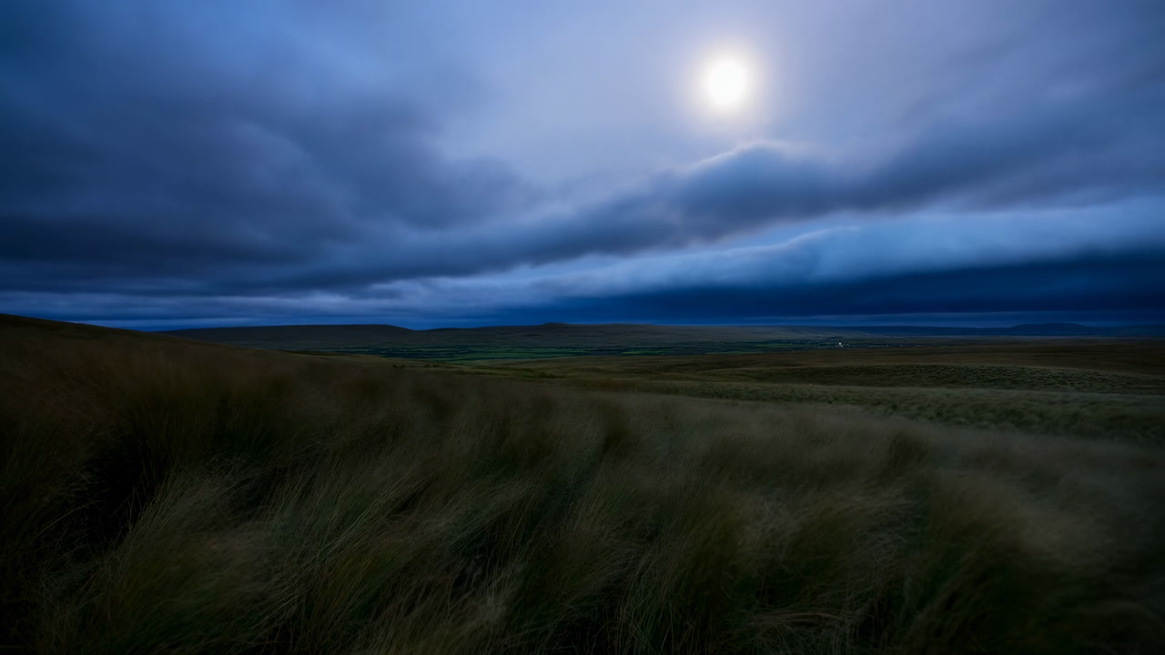 Moonlit Windswept Moor Under Brooding Clouds, Wide Rolling Grassland Lit By Pale Moon, Low Heavy Clouds