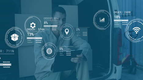 animation of data processing against caucasian delivery man wiriting on clipboard in delivery van