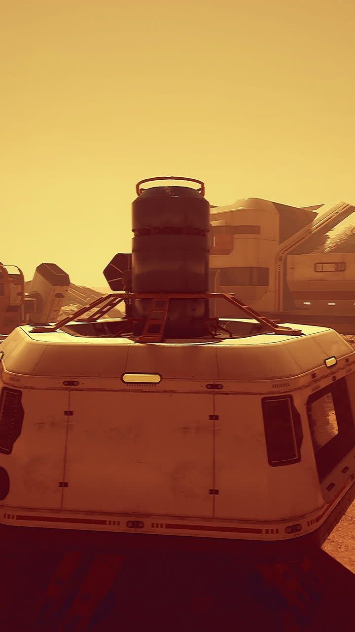 Futuristic colony structures on mars during a warm and dusty afternoon