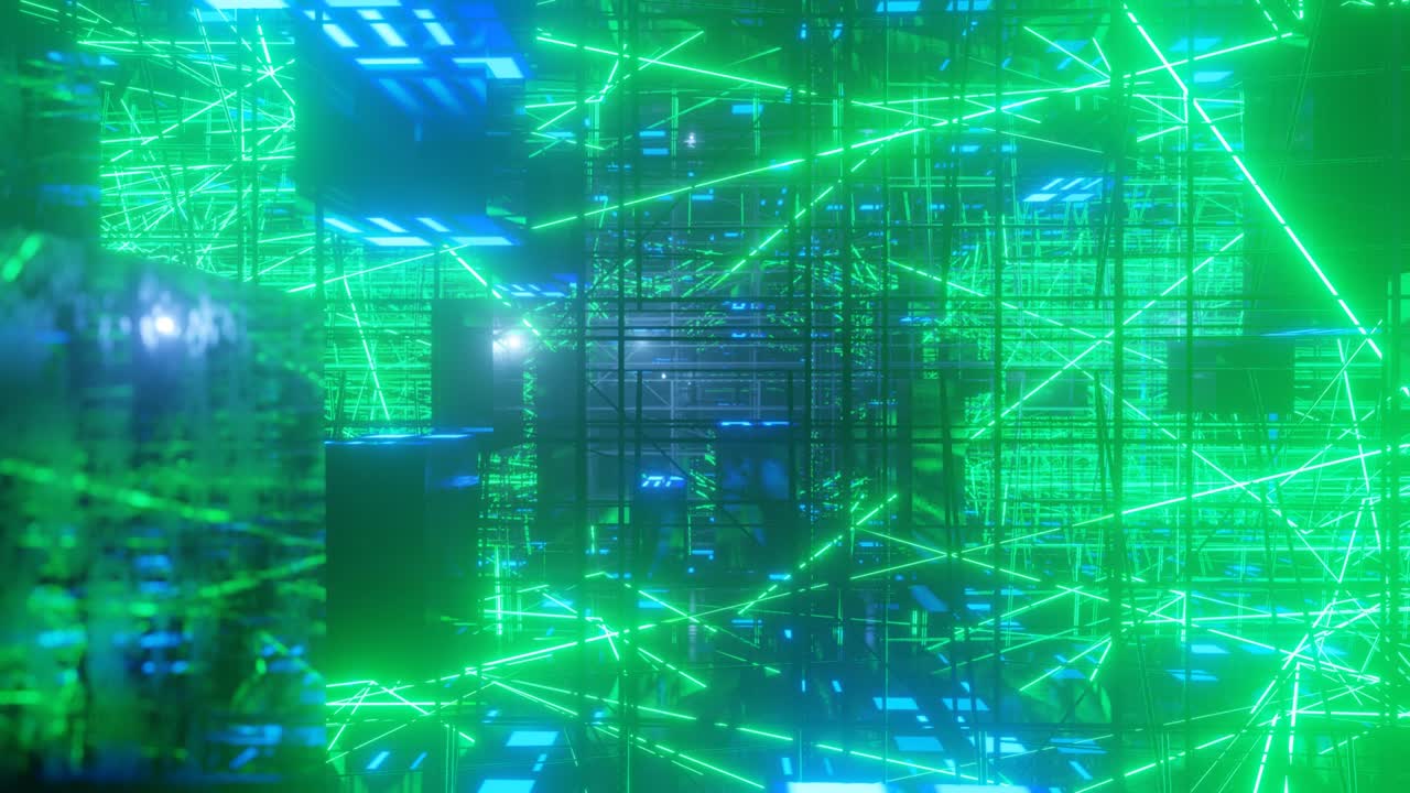 el túnel de ciencia ficción de neón de alta tecnología. las líneas de brillo de neón a la moda forman patrones y construcciones en el túnel de espejo. el espectáculo de láser vuela a través del ciberespacio tecnológico.