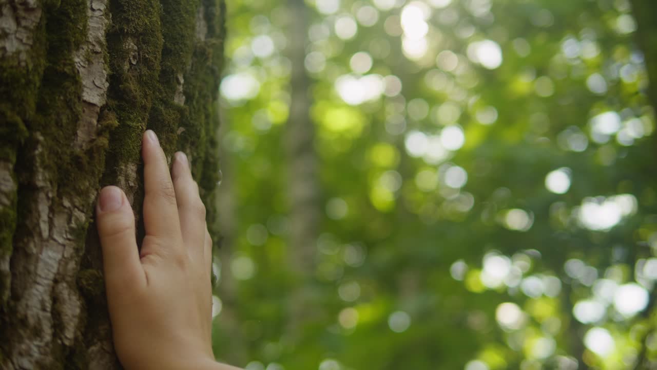 Touching a tree on sunny day in the park close up macro. Woman n in the forest friendly hugs a tree. Calm meditation