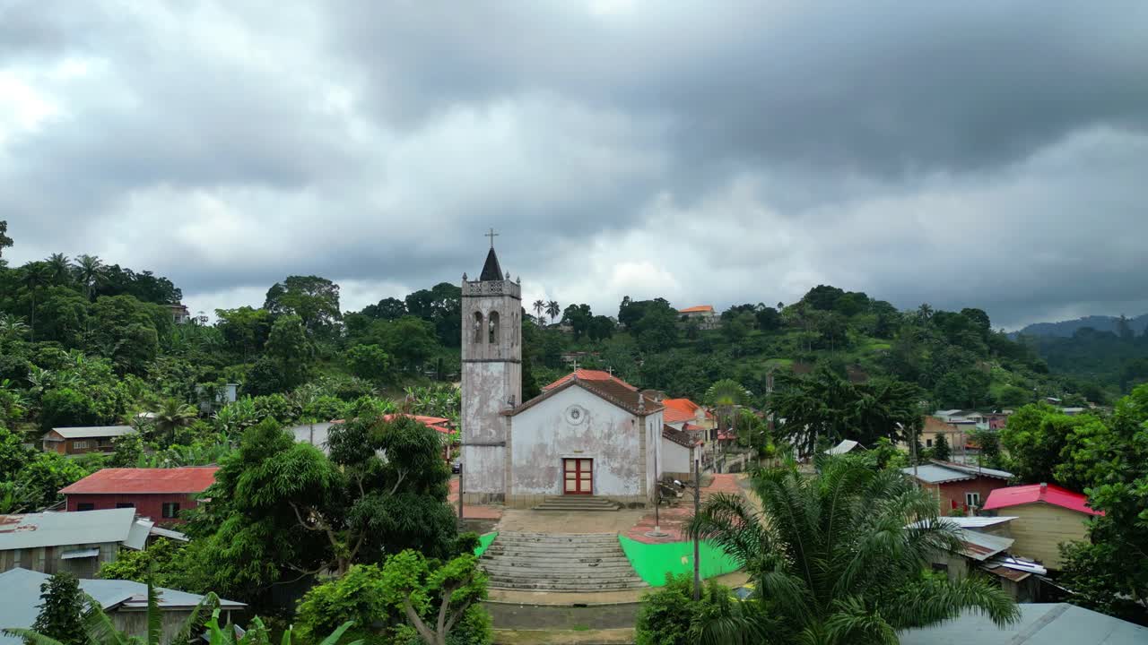 Flying towards a church in trindade,São Tome e Principe,Africa