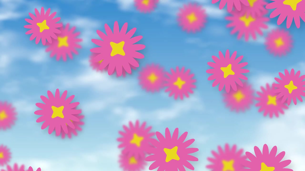 Stylized pink floral shapes drift downward through a sunny blue sky with soft white clouds.