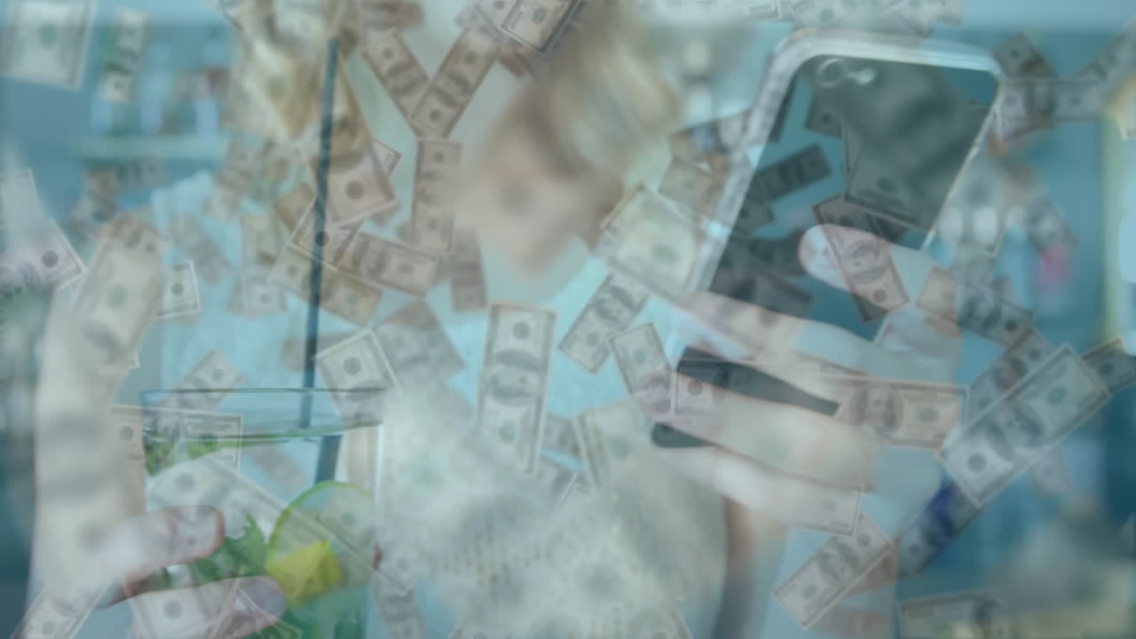 Person holding drink and smartphone with floating dollar bills animation overlay