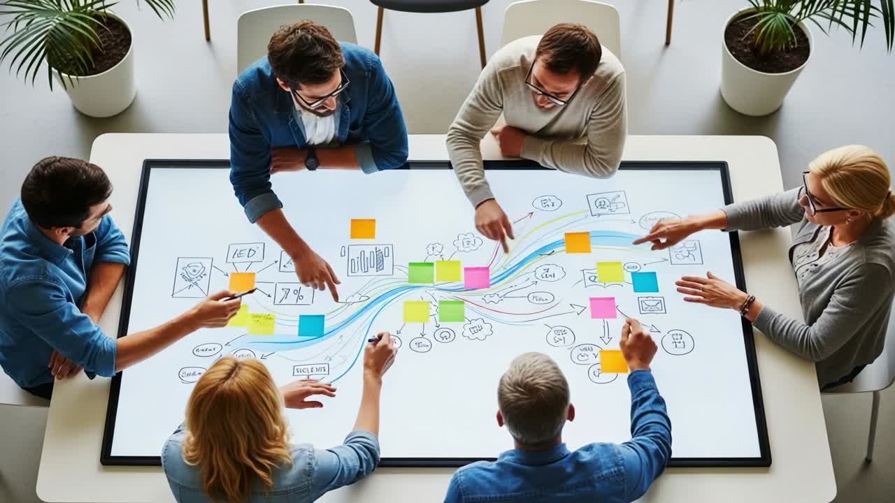 Collaborative Teamwork in a Modern Office: Engaging Participants Discussing Ideas and Strategies on a Digital Whiteboard Covered with Colorful Stickers and Visuals for Effective Brainstorming Sessions