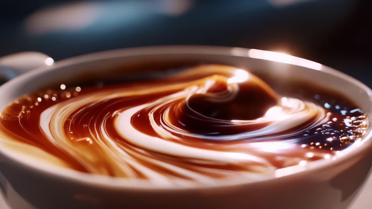 A Captivating Journey Through the Art of Swirling Cream in Coffee: A Visual Experience of Rich Flavors and Textures in a Beautifully Crafted Cup of Java Bliss