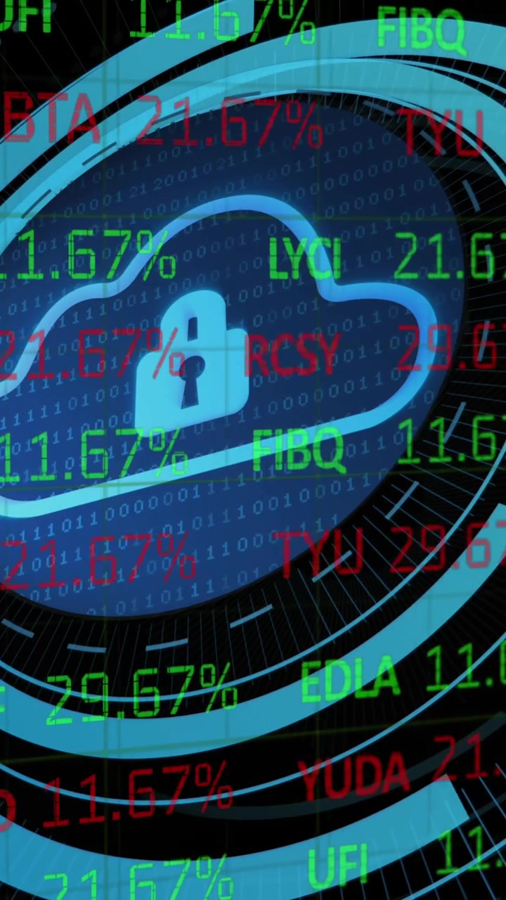Animation of stock market data processing over security padlock and cloud icon on round scanner