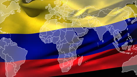 animación del mapa del mundo sobre la bandera de colombia contra un fondo negro