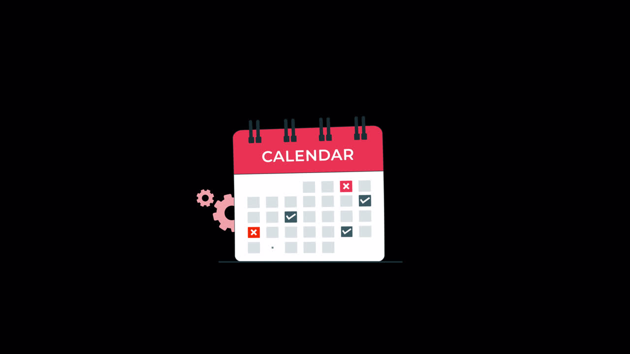 Animeret kalender med flueben og roterende tandhjul