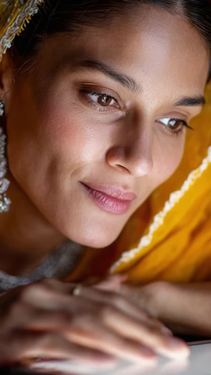 Captivating Portrait of a Woman with Radiant Brown Eyes, Lost in Thought and Framed by a Vibrant Yellow Attire, Highlighting Her Natural Beauty and Serenity