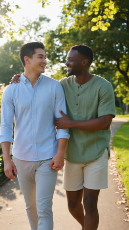a happy diverse gay couple walking hand-in-hand in a park
