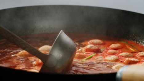 preparando una sopa de curry rojo en un wok