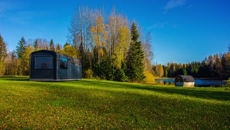 Time-lapse-shot-of-beautiful-sunny-and-cloudy-day-at-lake-in-wilderness-during-colorful-autumnal-day---5K-Time-lapse