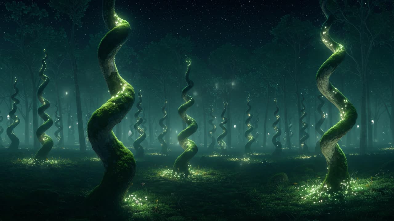 Enchanted Forest with Spiraling Luminescent Trees Under a Starry Night Sky, Creating a Mystical and Ethereal Atmosphere Filled with Soft Glowing Lights