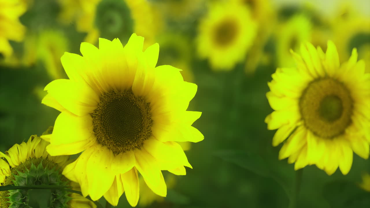 여름 동안 활기찬 초록색 에서 밝게 꽃을 피우는 해바라기